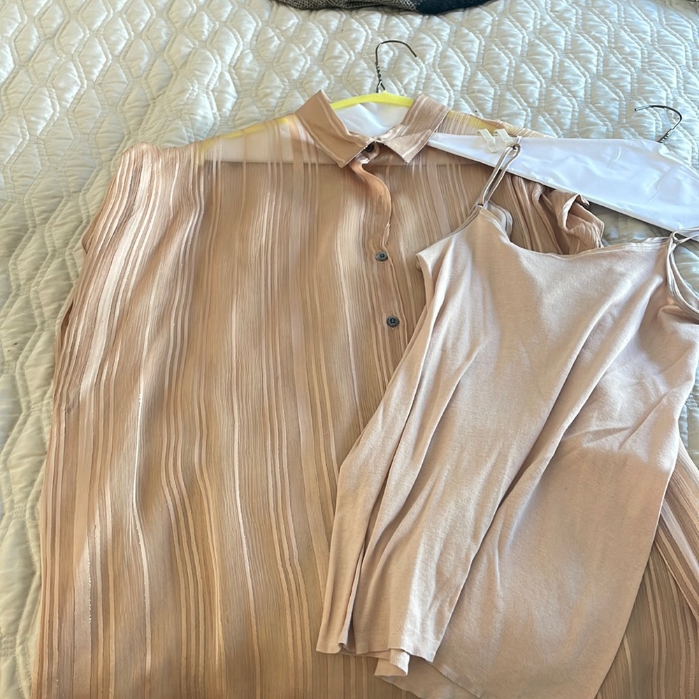 IRO Paris-Sheer blouse with matching nude color tank top.